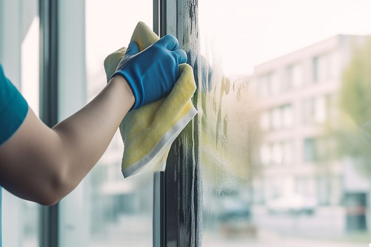 A person using a rag to clean a large window, focusing on removing streaks for a clear view.
